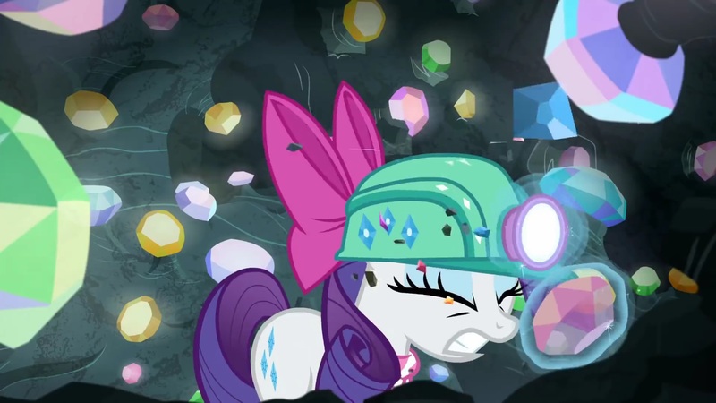 Size: 1920x1080 | Tagged: safe, derpibooru import, screencap, rarity, pony, g4, the end in friend, bow, cave, eyelashes, female, gem, gem cave, gemstones, hair bow, headlamp, helmet, image, jpeg, mare, missing horn, neckerchief, solo, underground