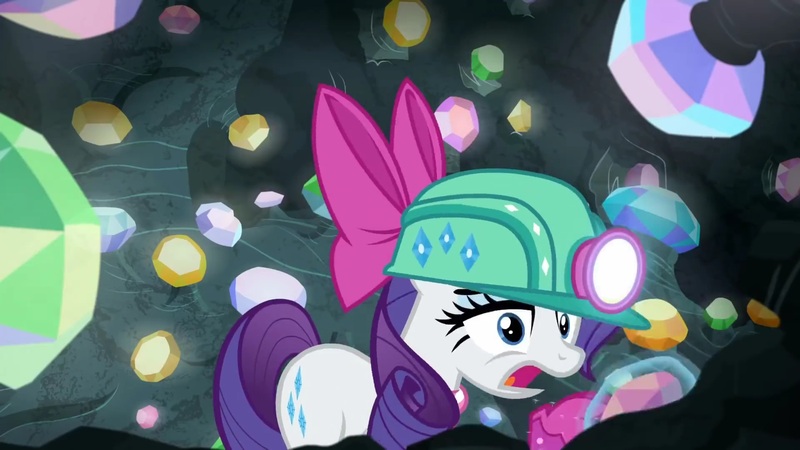 Size: 1920x1080 | Tagged: safe, derpibooru import, screencap, rarity, pony, g4, the end in friend, bow, cave, eyelashes, female, gem, gem cave, gemstones, hair bow, headlamp, helmet, image, jpeg, mare, missing horn, neckerchief, solo, underground