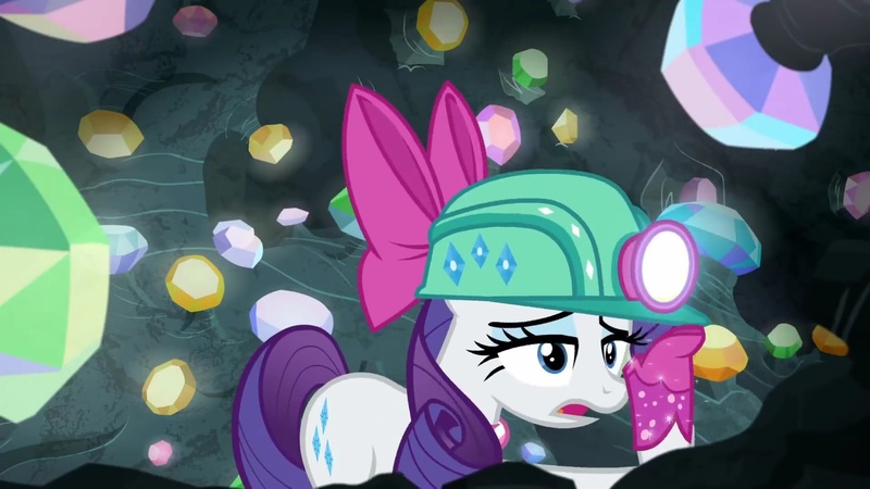 Size: 1920x1080 | Tagged: safe, derpibooru import, screencap, rarity, pony, g4, the end in friend, bow, cave, eyelashes, female, gem, gem cave, gemstones, hair bow, headlamp, helmet, image, jpeg, mare, missing horn, neckerchief, solo, underground