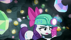 Size: 1920x1080 | Tagged: safe, derpibooru import, screencap, rarity, pony, g4, the end in friend, bow, cave, eyelashes, female, gem, gem cave, gemstones, hair bow, headlamp, helmet, image, jpeg, mare, missing horn, neckerchief, solo, underground