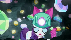 Size: 1920x1080 | Tagged: safe, derpibooru import, screencap, rarity, pony, g4, the end in friend, bow, cave, eyelashes, female, gem, gem cave, gemstones, hair bow, headlamp, helmet, image, jpeg, mare, missing horn, neckerchief, solo, underground