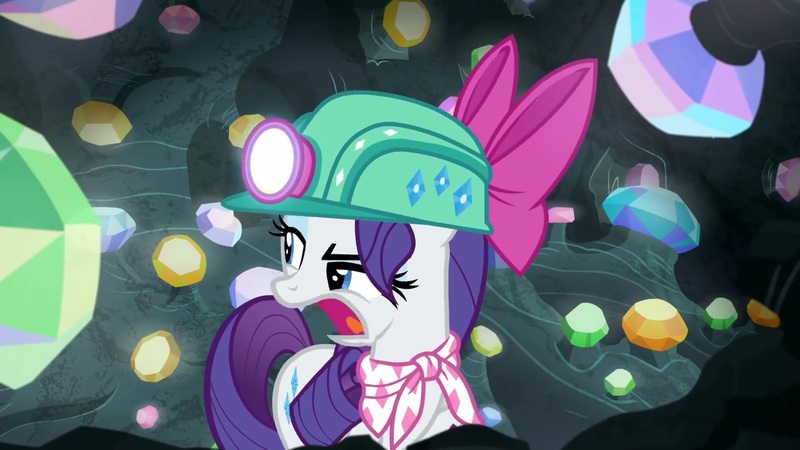 Size: 1920x1080 | Tagged: safe, derpibooru import, screencap, rarity, pony, g4, the end in friend, bow, cave, eyelashes, female, gem, gem cave, gemstones, hair bow, headlamp, helmet, image, jpeg, mare, missing horn, neckerchief, solo, underground