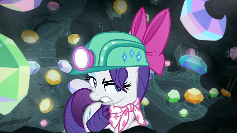 Size: 1920x1080 | Tagged: safe, derpibooru import, screencap, rarity, pony, g4, the end in friend, bow, cave, eyelashes, female, gem, gem cave, gemstones, hair bow, headlamp, helmet, image, jpeg, mare, missing horn, neckerchief, solo, underground