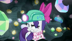 Size: 1920x1080 | Tagged: safe, derpibooru import, screencap, rarity, pony, g4, the end in friend, bow, cave, eyelashes, female, gem, gem cave, gemstones, hair bow, headlamp, helmet, image, jpeg, mare, missing horn, neckerchief, solo, underground