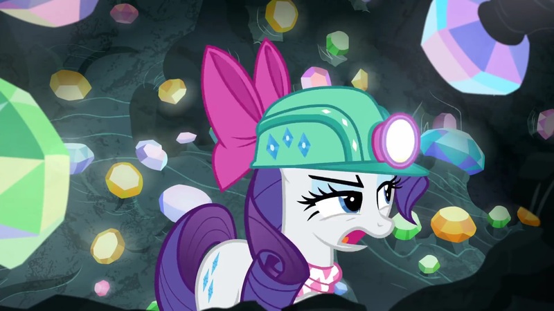 Size: 1920x1080 | Tagged: safe, derpibooru import, screencap, rarity, pony, g4, the end in friend, bow, cave, eyelashes, female, gem, gem cave, gemstones, hair bow, headlamp, helmet, image, jpeg, mare, missing horn, neckerchief, solo, underground