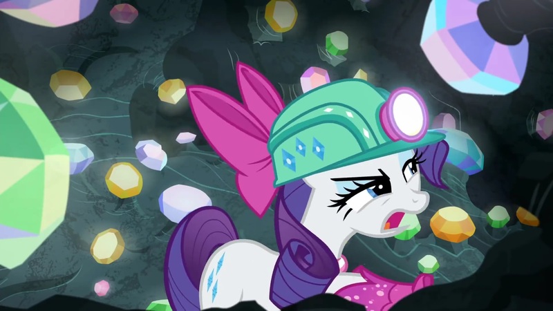 Size: 1920x1080 | Tagged: safe, derpibooru import, screencap, rarity, pony, g4, the end in friend, bow, cave, eyelashes, female, gem, gem cave, gemstones, hair bow, headlamp, helmet, image, jpeg, mare, missing horn, neckerchief, solo, underground