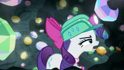 Size: 1920x1080 | Tagged: safe, derpibooru import, screencap, rarity, pony, g4, the end in friend, bow, cave, eyelashes, female, gem, gem cave, gemstones, hair bow, headlamp, helmet, image, jpeg, mare, missing horn, neckerchief, solo, underground