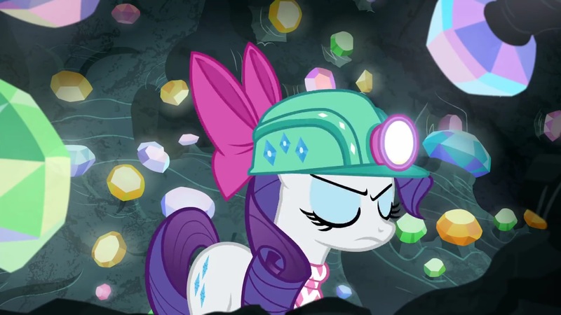 Size: 1920x1080 | Tagged: safe, derpibooru import, screencap, rarity, pony, g4, the end in friend, bow, cave, eyelashes, female, gem, gem cave, gemstones, hair bow, headlamp, helmet, image, jpeg, mare, missing horn, neckerchief, solo, underground