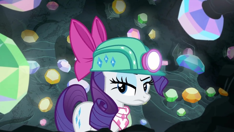 Size: 1920x1080 | Tagged: safe, derpibooru import, screencap, rarity, pony, g4, the end in friend, bow, cave, eyelashes, female, gem, gem cave, gemstones, hair bow, headlamp, helmet, image, jpeg, mare, missing horn, neckerchief, solo, underground