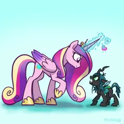 Size: 2048x2048 | Tagged: safe, artist:pfeffaroo, derpibooru import, part of a set, princess cadance, queen chrysalis, alicorn, changeling, changeling queen, nymph, pony, g4, age regression, angry, cute, cutealis, cutedance, duo, duo female, female, filly, filly queen chrysalis, frown, glow, glowing horn, heart, high res, horn, image, light blue background, looking at each other, looking at someone, madorable, magic, magic aura, mama cadence, mare, open mouth, png, raised hoof, shadow, signature, simple background, smiling, younger