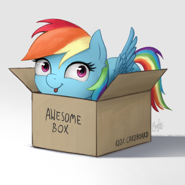 Size: 1300x1300 | Tagged: safe, alternate version, artist:magfen, derpibooru import, rainbow dash, pegasus, pony, g4, :p, alternate character, box, cute, dashabetes, female, if i fits i sits, image, mare, png, pony in a box, simple background, solo, tongue out, white background