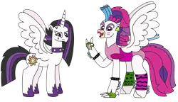 Size: 3134x1803 | Tagged: safe, artist:supahdonarudo, derpibooru import, princess celestia, queen novo, alicorn, classical hippogriff, hippogriff, pony, between dark and dawn, g4, my little pony: the movie, bow, bracelet, choker, clothes, devil horn (gesture), ear piercing, earring, five nights at freddy's, five nights at freddy's: security breach, glam rock, glamrock chica, goth, image, jewelry, leggings, leopard print, leotard, lipstick, makeup, piercing, png, punklestia, simple background, spiked choker, spiked wristband, transparent background, wristband, zebra print