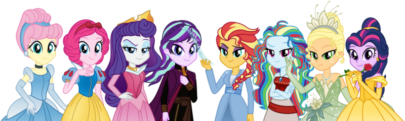 Size: 1024x307 | Tagged: safe, artist:emeraldblast63, derpibooru import, applejack, fluttershy, pinkie pie, rainbow dash, rarity, sci-twi, starlight glimmer, sunset shimmer, twilight sparkle, human, equestria girls, g4, alternate hairstyle, anna (frozen), beauty and the beast, belle, cinderella, clothes, clothes swap, disney princess, dress, elsa, female, flower, frozen (movie), humane five, humane seven, humane six, image, lidded eyes, looking at you, moana, moana waialiki, png, princess aurora, princess tiana, rose, simple background, sleeping beauty, snow white, the princess and the frog, tiana, transparent background