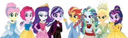 Size: 1024x307 | Tagged: safe, artist:emeraldblast63, derpibooru import, applejack, fluttershy, pinkie pie, rainbow dash, rarity, sci-twi, starlight glimmer, sunset shimmer, twilight sparkle, human, equestria girls, g4, alternate hairstyle, anna (frozen), beauty and the beast, belle, cinderella, clothes, clothes swap, disney princess, dress, elsa, female, flower, frozen (movie), humane five, humane seven, humane six, image, lidded eyes, looking at you, moana, moana waialiki, png, princess aurora, princess tiana, rose, simple background, sleeping beauty, snow white, the princess and the frog, tiana, transparent background