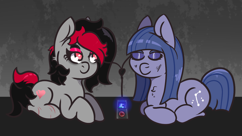 Size: 1229x693 | Tagged: safe, artist:lazerblues, derpibooru import, oc, oc:cosmia nebula, oc:miss eri, unofficial characters only, earth pony, pony, black and red mane, chillaxing, earbuds, eyes closed, image, ipod, mp3 player, png, relaxing, sharing headphones, two toned mane