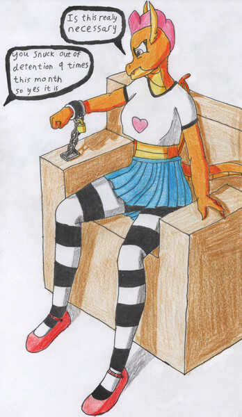 Size: 743x1280 | Tagged: suggestive, artist:hunter117x, derpibooru import, smolder, anthro, dragon, g4, bondage, breasts, clothes, cuff, female, image, jpeg, lock, padlock, sitting, skirt, socks, solo, stockings, striped socks, thigh highs, tights, traditional art