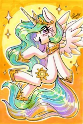 Size: 1798x2688 | Tagged: safe, artist:dandy, derpibooru import, princess celestia, alicorn, pony, g4, blushing, copic, eye clipping through hair, female, horn, image, jewelry, marker drawing, markers, open mouth, png, regalia, smiling, solo, sun, traditional art, wings