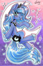 Size: 1754x2688 | Tagged: safe, artist:dandy, derpibooru import, princess luna, alicorn, pony, g4, ;p, blushing, copic, crescent moon, eye clipping through hair, female, horn, image, jewelry, marker drawing, moon, one eye closed, png, regalia, s1 luna, solo, tongue out, traditional art, wings