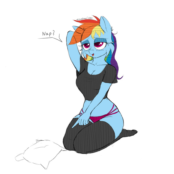 Size: 1080x1080 | Tagged: suggestive, artist:fajnyziomal, derpibooru import, rainbow dash, anthro, pegasus, g4, arm behind head, breasts, cheek fluff, cleavage, clothes, commission, female, image, jpeg, kneeling, panties, pillow, sexy, simple background, sleepy, socks, solo, solo female, stocking feet, stockings, stupid sexy rainbow dash, thigh highs, underwear, white background, your character here