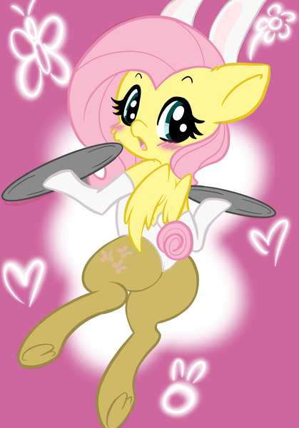 Size: 1668x2388 | Tagged: suggestive, artist:steelsoul, derpibooru import, fluttershy, pegasus, pony, g4, bipedal, blushing, bunny ears, bunny suit, butt, cheek fluff, clothes, female, flutterbunny, image, looking at you, looking back, mare, plot, png, serving tray, solo