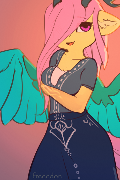 Size: 2000x3000 | Tagged: safe, artist:freeedon, derpibooru import, part of a set, fluttershy, anthro, draconequus, fanfic:my little pony: the unexpected future, g4, draconequified, female, flutterequus, hair over one eye, high res, horns, image, png, solo, species swap