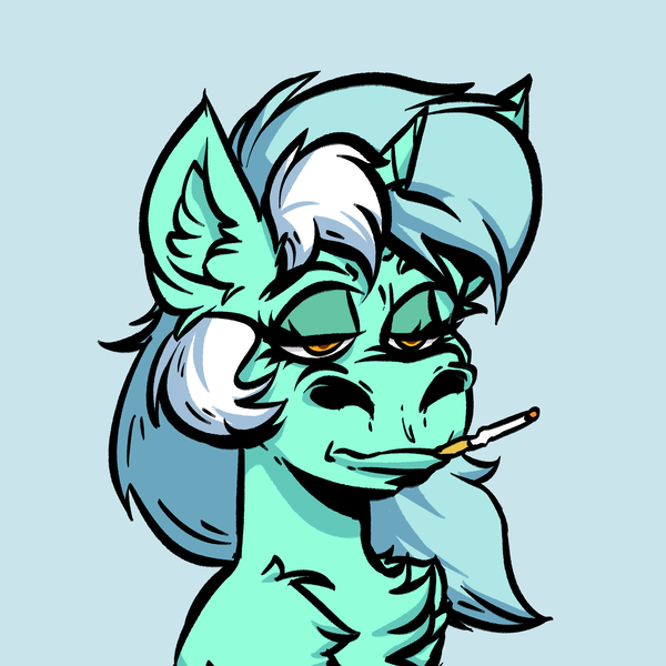 Size: 4000x4000 | Tagged: safe, artist:witchtaunter, derpibooru import, lyra heartstrings, pony, unicorn, g4, absurd resolution, blue background, bored, bust, cigarette, cursed image, ear fluff, faic, female, image, l.u.l.s., lidded eyes, meme, nft, parody, png, ponified meme, rule 85, simple background, solo