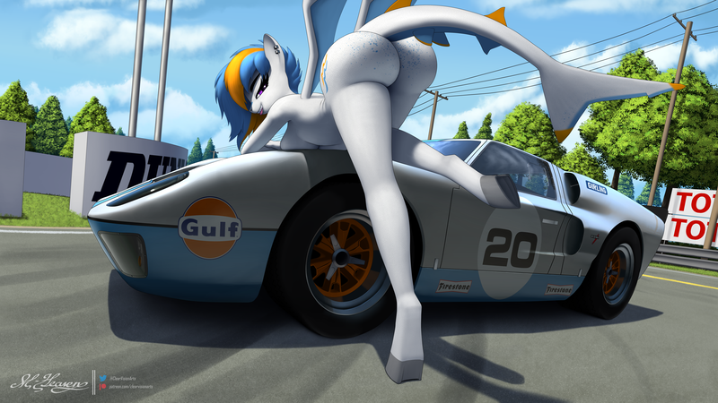 Size: 9860x5546 | Tagged: questionable, alternate version, artist:clear vision, derpibooru import, oc, oc:gulfstream, anthro, original species, shark, shark pony, unguligrade anthro, ass, bent over, breast squish, breasts, butt, butt freckles, car, female, ford, ford gt, ford gt40, freckles, image, large butt, le mans, looking at you, looking back, looking back at you, nudity, pinup, png, presenting, race track, racecar, shark pony oc, solo, solo female, the ass was fat, vehicle