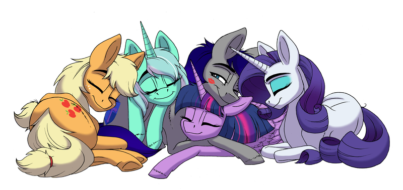 Size: 10464x4958 | Tagged: safe, artist:celestial-rainstorm, derpibooru import, applejack, lyra heartstrings, rarity, twilight sparkle, twilight sparkle (alicorn), oc, oc:maverick, alicorn, earth pony, pony, unicorn, g4, cuddling, cute, image, jpeg, kiss mark, lipstick, simple background, snuggling, white background