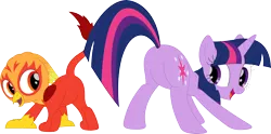 Size: 3570x1776 | Tagged: safe, artist:porygon2z, derpibooru import, twilight sparkle, oc, oc:heatwave, gryphon, pony, unicorn, g4, butt, featureless crotch, female, image, mare, plot, png, simple background, sunshine sunshine, transparent background, twibutt