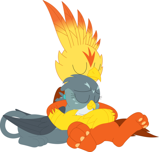 Size: 3560x3404 | Tagged: safe, artist:porygon2z, derpibooru import, gabby, oc, oc:blaze, gryphon, g4, female, high res, image, png, simple background, snuggling, transparent background