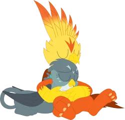 Size: 3560x3404 | Tagged: safe, artist:porygon2z, derpibooru import, gabby, oc, oc:blaze, gryphon, g4, female, high res, image, png, simple background, snuggling, transparent background