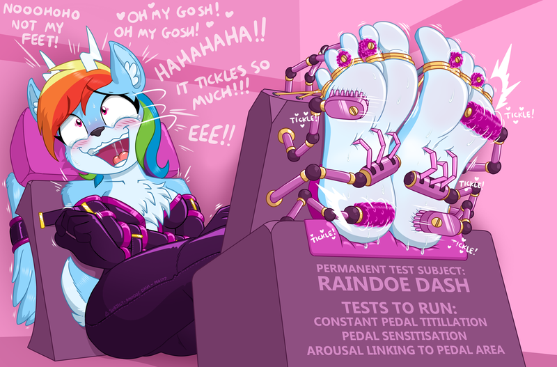 Size: 1260x830 | Tagged: questionable, artist:caroo, derpibooru import, rainbow dash, anthro, deer, plantigrade anthro, reindeer, g4, barefoot, bondage, bondage furniture, breasts, chest fluff, doe, ear fluff, feet, female, fetish, foot fetish, foot focus, image, png, reindeer dash, reindeerified, soles, solo, species swap, tickle torture, tickling, toe tied, toes