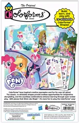 Size: 632x975 | Tagged: safe, derpibooru import, applejack, fluttershy, pinkie pie, rainbow dash, rarity, spike, twilight sparkle, twilight sparkle (alicorn), alicorn, pony, g4, apple, applejack's hat, balloon, blonde hair, blue eyes, book, castle, cloud, colorforms, cowboy hat, cupcake, curly hair, food, green eyes, guitar, hat, image, jpeg, musical instrument, my little pony logo, orange skin, piano, pink hair, pink skin, ponyville, purple eyes, purple hair, purple skin, purple wings, rainbow, sky, sticker, tree, wings, yellow hair, yellow wings