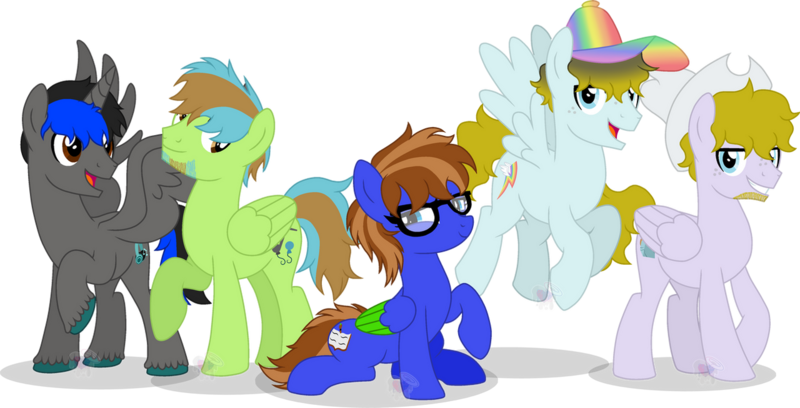 Size: 1280x652 | Tagged: safe, artist:magicalbases, artist:mint-light, artist:orin331, artist:pure-blue-heart, derpibooru import, oc, oc:bluebook, oc:bubbling beaker, oc:country rock, oc:harmonic melody, oc:rainbow lightning, alicorn, pegasus, pony, base used, beard, colored wings, facial hair, freckles, glasses, hat, image, png, ponysona, simple background, transparent background, two toned mane, two toned wings, wings