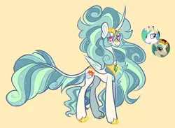 Size: 1280x935 | Tagged: safe, artist:bumblesnail-art, derpibooru import, princess celestia, rain shine, oc, unofficial characters only, alicorn, kirin, pony, g4, alicorn oc, eye clipping through hair, fusion, horn, image, looking at you, png, simple background, smiling, smiling at you, solo, wings, yellow background