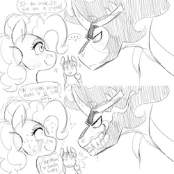 Size: 3000x3000 | Tagged: safe, artist:gingygin, derpibooru import, king sombra, pinkie pie, twilight sparkle, twilight sparkle (alicorn), alicorn, earth pony, pony, unicorn, g4, ..., 2 panel comic, comic, crystal, dialogue, drool, fangs, female, grayscale, grin, high res, image, male, mare, monochrome, nervous, png, sharp teeth, sketch, smiling, sombra eyes, speech bubble, stallion, sweat, sweating profusely, teeth, that pony sure does love crystals