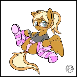 Size: 4000x4000 | Tagged: suggestive, artist:dice-warwick, derpibooru import, oc, oc:coffee creme, unofficial characters only, pegasus, pony, blushing, bra, butt, clothes, crotchboobs, crotchbra, dock, frog (hoof), glasses, hoodie, image, nudity, panties, plot, png, ponytail, simple background, socks, solo, spread legs, spreading, striped socks, sweater, tail, thigh highs, transparent background, underhoof, underwear