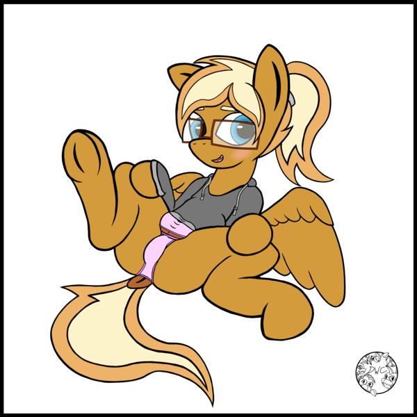 Size: 4000x4000 | Tagged: suggestive, artist:dice-warwick, derpibooru import, oc, oc:coffee creme, pegasus, pony, blushing, bra, butt, clothes, crotchboobs, crotchbra, dock, frog (hoof), glasses, hoodie, image, nudity, panties, plot, png, ponytail, simple background, solo, spread legs, spreading, sweater, tail, transparent background, underhoof, underwear