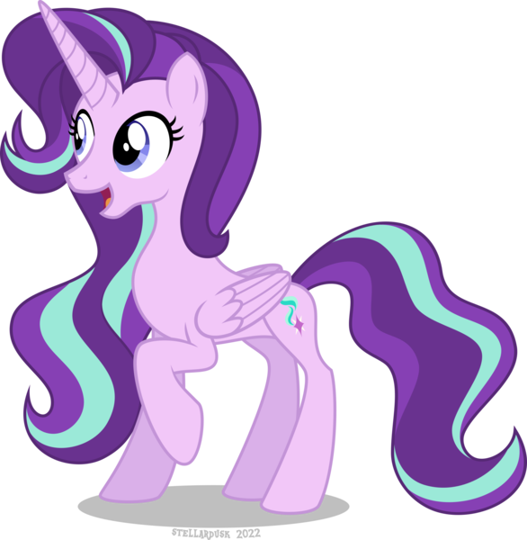 Size: 2045x2093 | Tagged: safe, artist:stellardusk, derpibooru import, starlight glimmer, alicorn, pony, g4, alicornified, female, high res, image, mare, older, older starlight glimmer, open mouth, png, race swap, raised hoof, simple background, smiling, solo, starlicorn, transparent background, xk-class end-of-the-world scenario