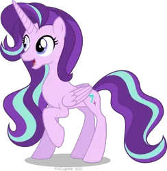 Size: 2045x2093 | Tagged: safe, artist:stellardusk, derpibooru import, starlight glimmer, alicorn, pony, g4, alicornified, female, high res, image, mare, older, older starlight glimmer, open mouth, png, race swap, raised hoof, simple background, smiling, solo, starlicorn, transparent background, xk-class end-of-the-world scenario