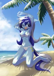 Size: 1000x1407 | Tagged: dead source, safe, artist:howxu, derpibooru import, minuette, anthro, unguligrade anthro, g4, armpits, beach, belly button, bikini, breasts, clothes, commission, image, kneeling, midriff, one eye closed, open mouth, palm tree, png, solo, swimsuit, tree