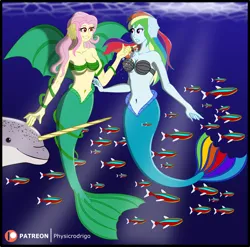 Size: 1600x1578 | Tagged: safe, artist:physicrodrigo, derpibooru import, idw, fluttershy, rainbow dash, fish, mermaid, narwhal, series:equestria mermaids, equestria girls, g4, ponies of dark water, bra, breasts, bubble, clothes, corrupted, fish tail, image, mermaid tail, mermaidized, ocean, png, poison ivyshy, seashell bra, species swap, spinoff, tail, underwater, underwear, water