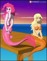 Size: 1600x2066 | Tagged: suggestive, artist:physicrodrigo, derpibooru import, idw, applejack, pinkie pie, mermaid, series:equestria mermaids, equestria girls, g4, ponies of dark water, breasts, corrupted, image, jpeg, mermaidized, nudity, pier, pinkie joker, species swap, spinoff, stripping