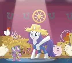 Size: 1380x1214 | Tagged: safe, derpibooru import, screencap, rarity, spike, bird, chicken, dragon, pig, pony, unicorn, g4, season 4, simple ways, banjo, cropped, female, hat, hay, image, jpeg, male, mare, musical instrument, pitchfork, rarihick, spotlight, straw hat