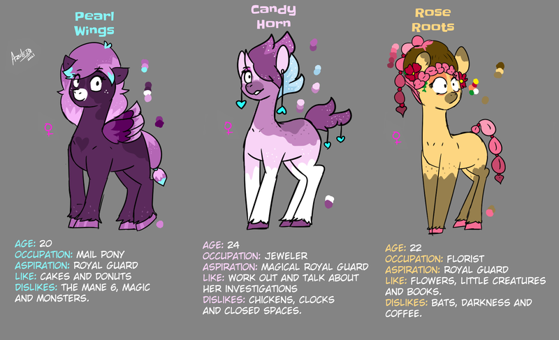 Size: 2300x1400 | Tagged: safe, artist:azulejo, derpibooru import, oc, unofficial characters only, earth pony, pegasus, pony, unicorn, earth pony oc, female, horn, image, mare, pegasus oc, png, unicorn oc, wings