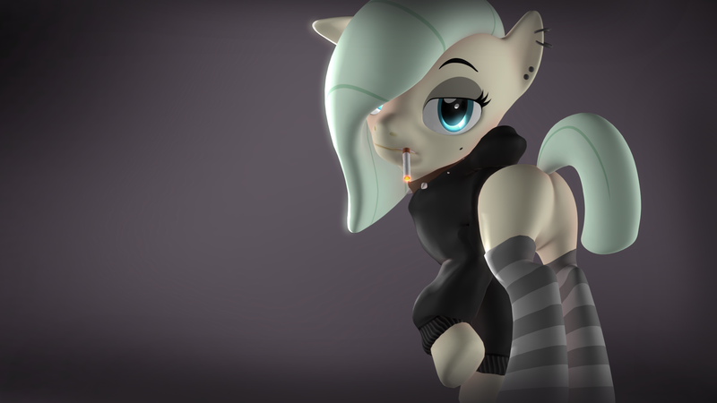 Size: 1920x1080 | Tagged: safe, artist:arrell, derpibooru import, oc, oc:arrell, earth pony, pony, 3d, butt, clothes, facing away, female, hoodie, image, looking at you, looking back, piercing, plot, png, smoking, socks, solo, source filmmaker