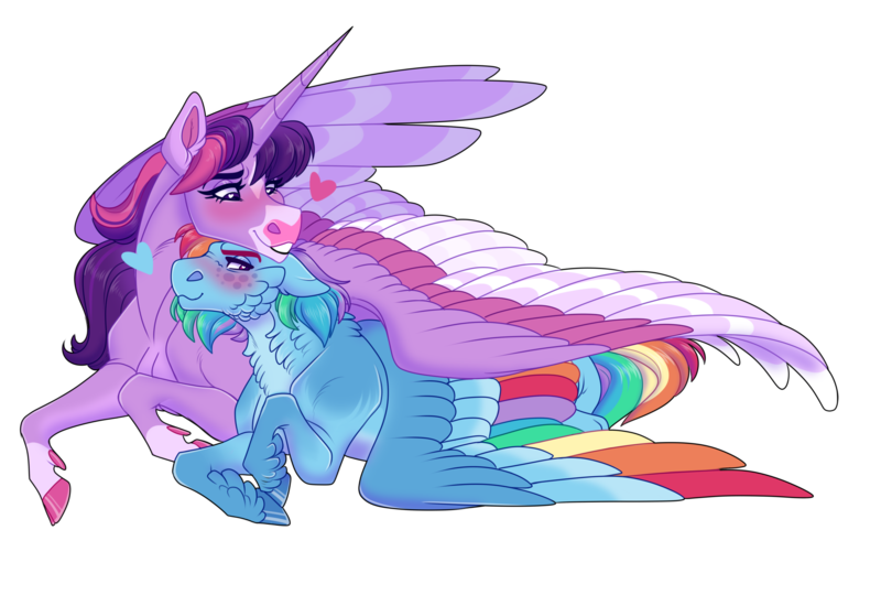 Size: 2000x1350 | Tagged: safe, artist:uunicornicc, derpibooru import, rainbow dash, twilight sparkle, twilight sparkle (alicorn), alicorn, pegasus, pony, g4, alternate design, blushing, cheek feathers, coat markings, colored wings, dewclaw, facial markings, feathered fetlocks, februpony, female, heart, hug, image, lesbian, lying down, multicolored wings, png, prone, rainbow wings, shipping, simple background, snip (coat marking), snuggling, socks (coat marking), transparent background, twidash, twitterina design, wingding eyes, winghug, wings