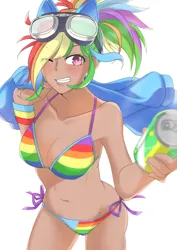 Size: 848x1200 | Tagged: suggestive, alternate version, artist:matsukibako, derpibooru import, kotobukiya, rainbow dash, human, g4, bare shoulders, belly button, bikini, bishoujo, blushing, breasts, busty rainbow dash, clothes, female, goggles, humanized, image, jacket, jpeg, kotobukiya rainbow dash, one eye closed, rainbow bikini, sexy, simple background, sleeveless, solo, stupid sexy rainbow dash, swimsuit, wink