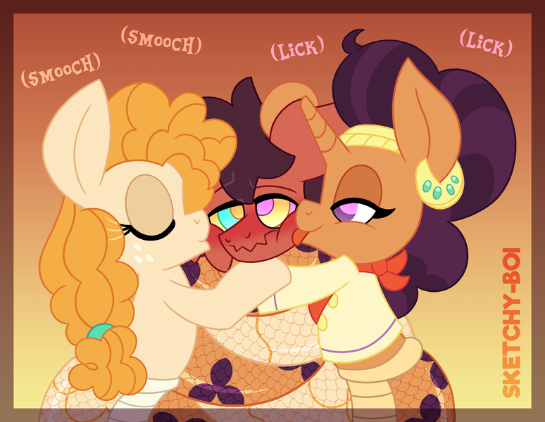 Size: 4000x3100 | Tagged: safe, artist:snakeythingy, derpibooru import, pear butter, saffron masala, oc, oc:sketchy dupe, earth pony, lamia, original species, snake, snake pony, unicorn, g4, affection, blushing, coiling, coils, double coiling, duo, duo female, eyes closed, female, floppy ears, horn, hypnosis, hypnotized, image, kissing, lamiafied, licking, lucky bastard, male, png, species swap, straight, tongue out