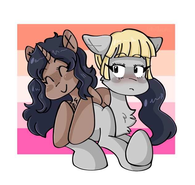 Size: 1383x1311 | Tagged: safe, artist:lolettecore, derpibooru import, oc, ponified, earth pony, pony, unicorn, attack on titan, chest fluff, cute, duo, earth pony oc, eyebrows, eyebrows visible through hair, female, floppy ears, image, lesbian, love, mahogany, png, shading, yelena (attack on titan)